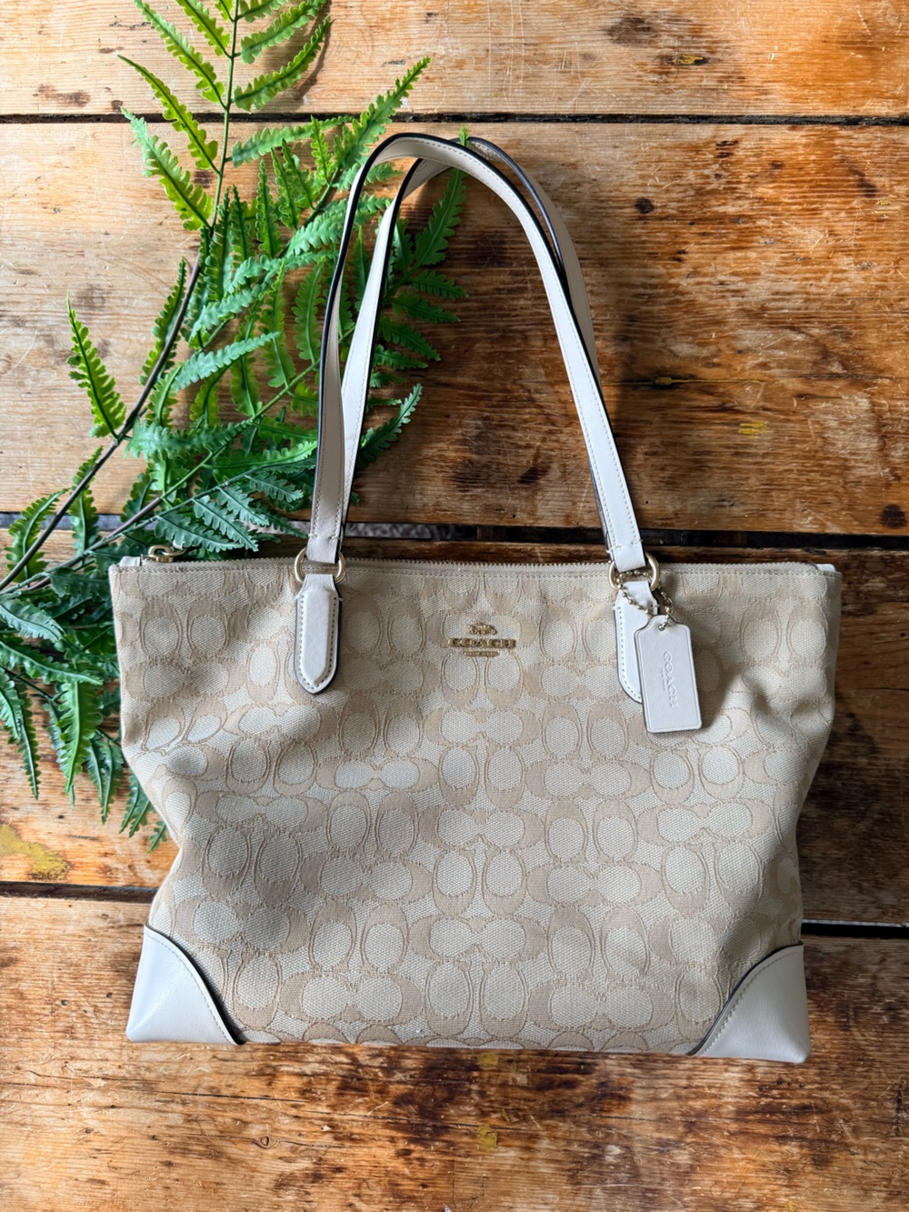 Coach Cream Signature Canvas Tote with Hang Tag